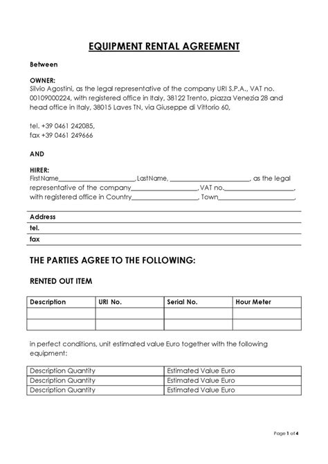 temporary equipment rental agreement